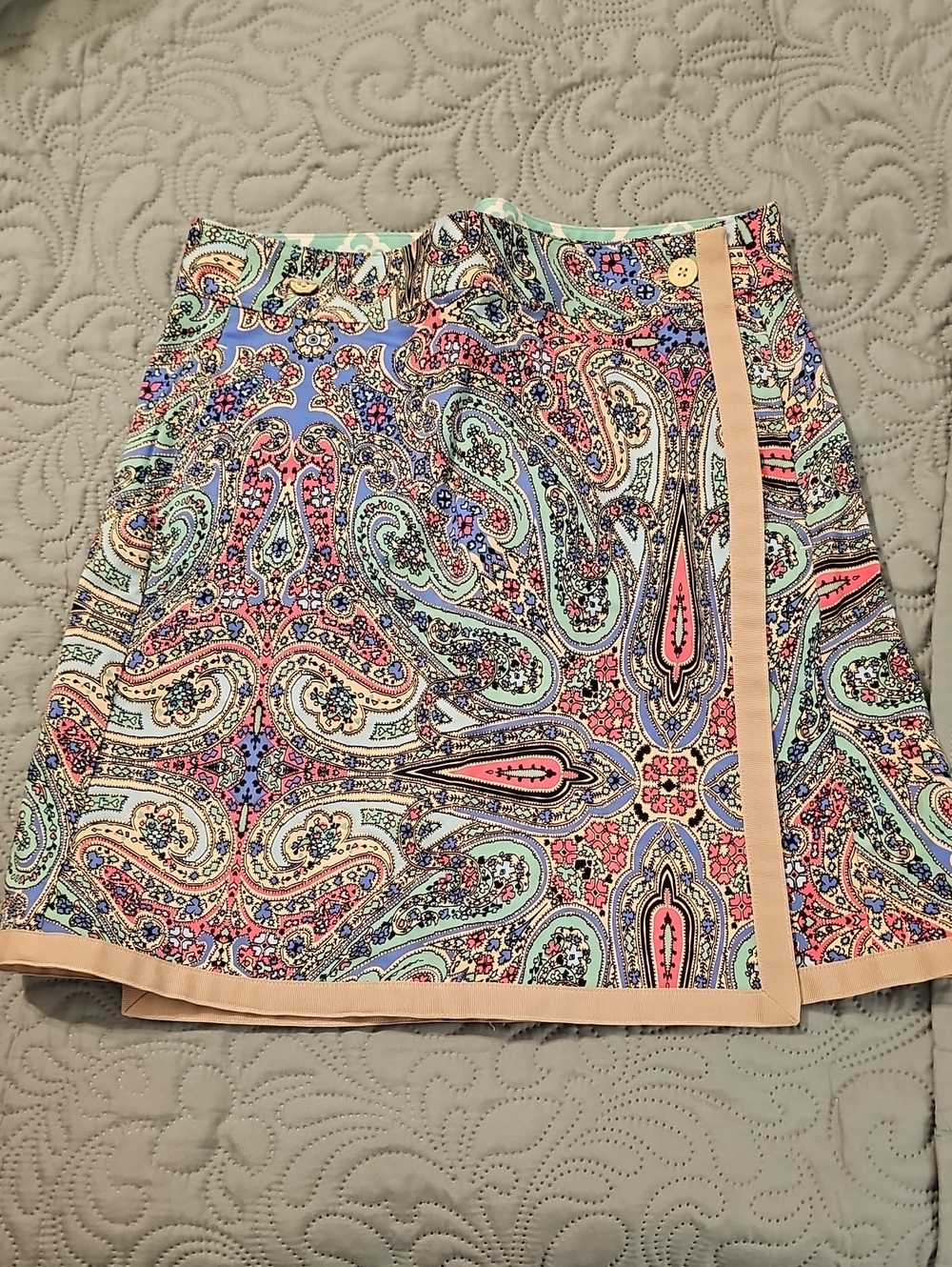 Peter Millar Pastel Paisley Wrap A-Line Skirt with Cream Trim